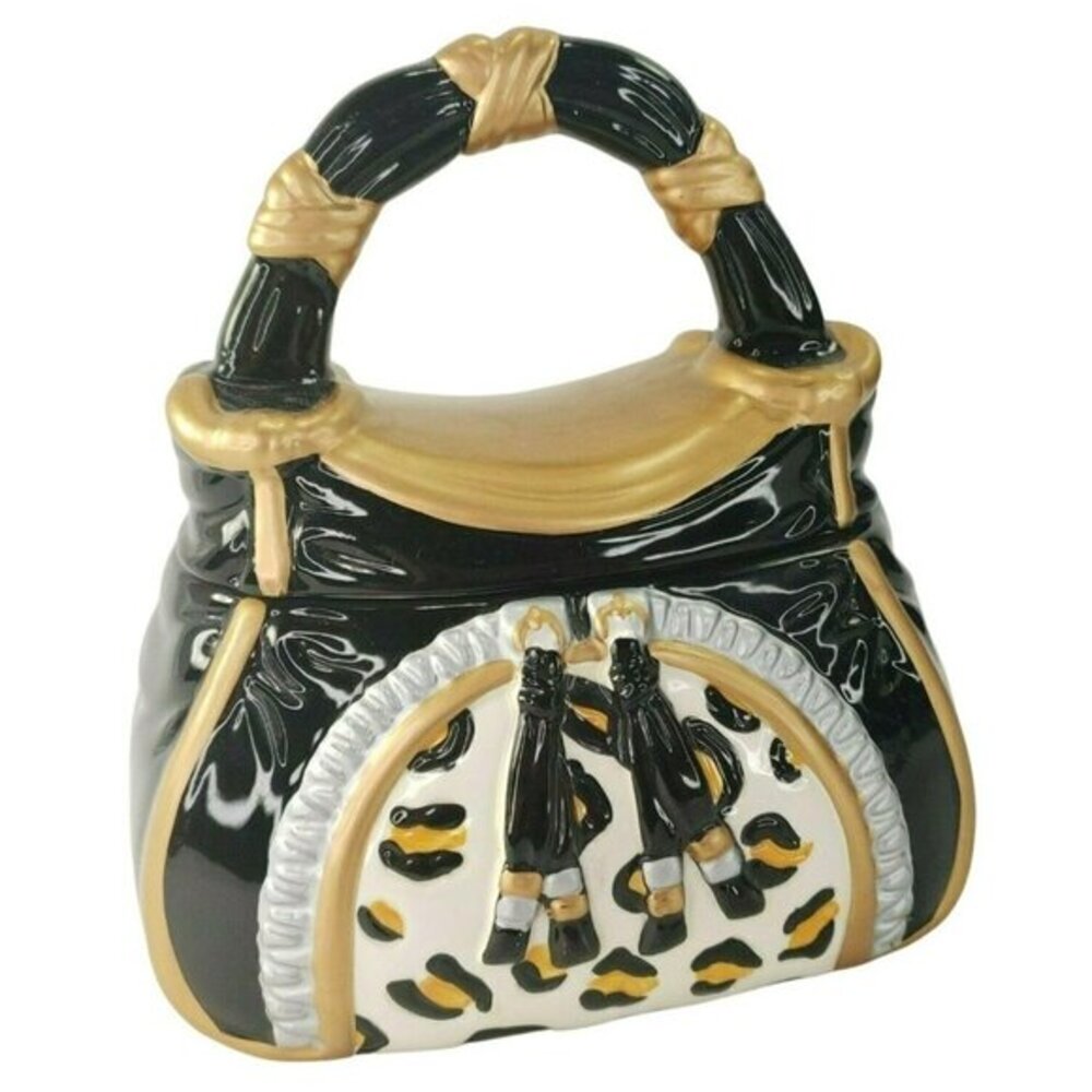 Davids Cookies Jar Ceramic Purse Cookie Snack Leopard Pattern Silver Gold Emboss